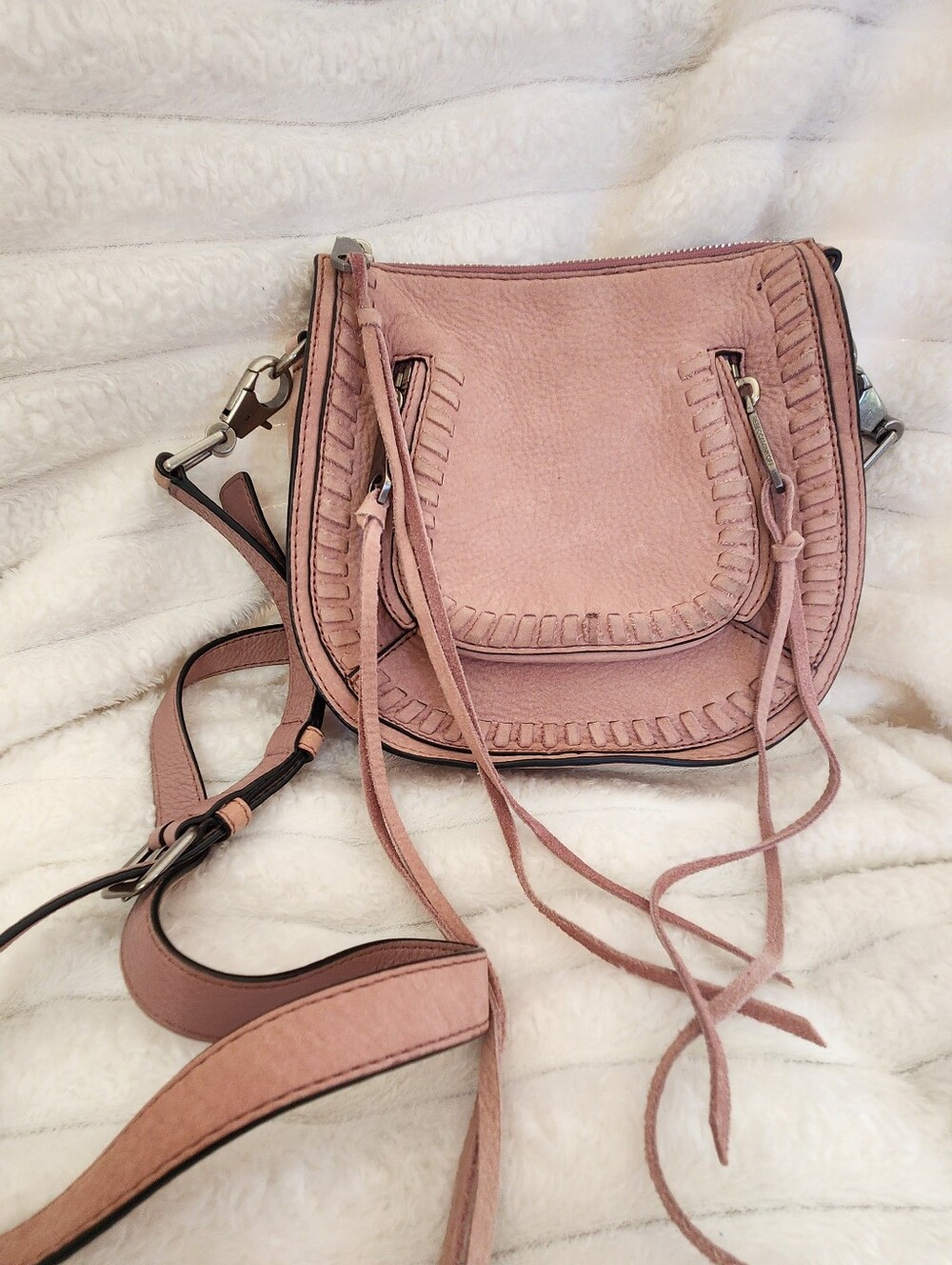 REBECCA MINKOFF Vanity Saddle Genuine Leather Mauve Fringed Crossbody Bag